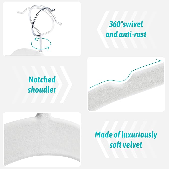 Sishynio Premium Velvet Shirt Hangers 30 Pack, Non-Slip 360° Swivel Hook Slim Felt Hanger, Space Saving Flocked Hangers for Tank Tops, Blouses, Strappy Dresses(White)