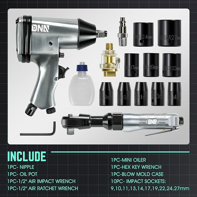 DNA MOTORING 17 Pcs Air Tool Kit 1/2-Inch Pneumatic Air Impact & Ratchet Wrench Kit Torque Wrench for Repairs, w/Case, Sliver/Black, TOOLS-00530