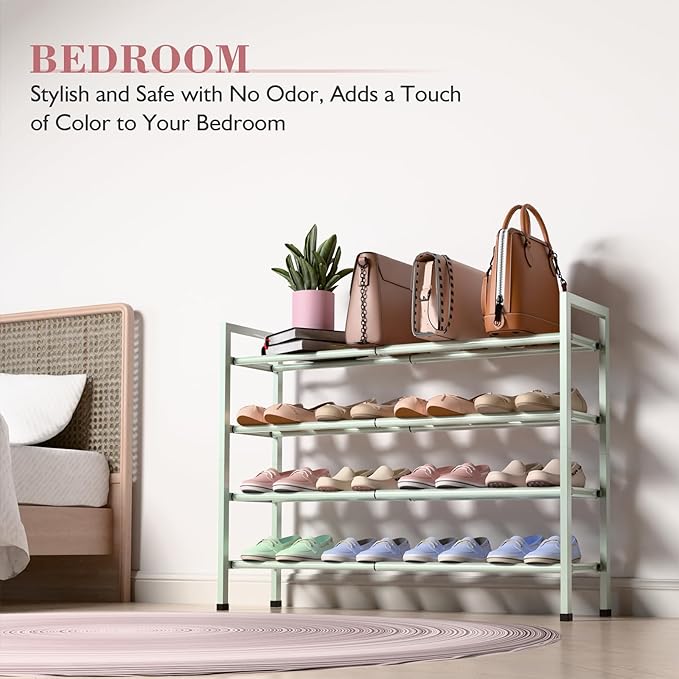 Bumusty 4-Tier Expandable Shoe Rack for Closet, 18“-33” Adjustable Shoe Rack for Small Space, Small Shoe Organizer for Front Door, Sturdy Metal, Green