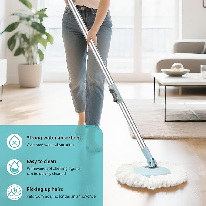 Spin Mop and Bucket with Wringer Set, 360° Spinning Mop Bucket System with 3 Microfiber Mop Replacement Heads, Adjustable Handle for Floor Cleaning (Light Blue)