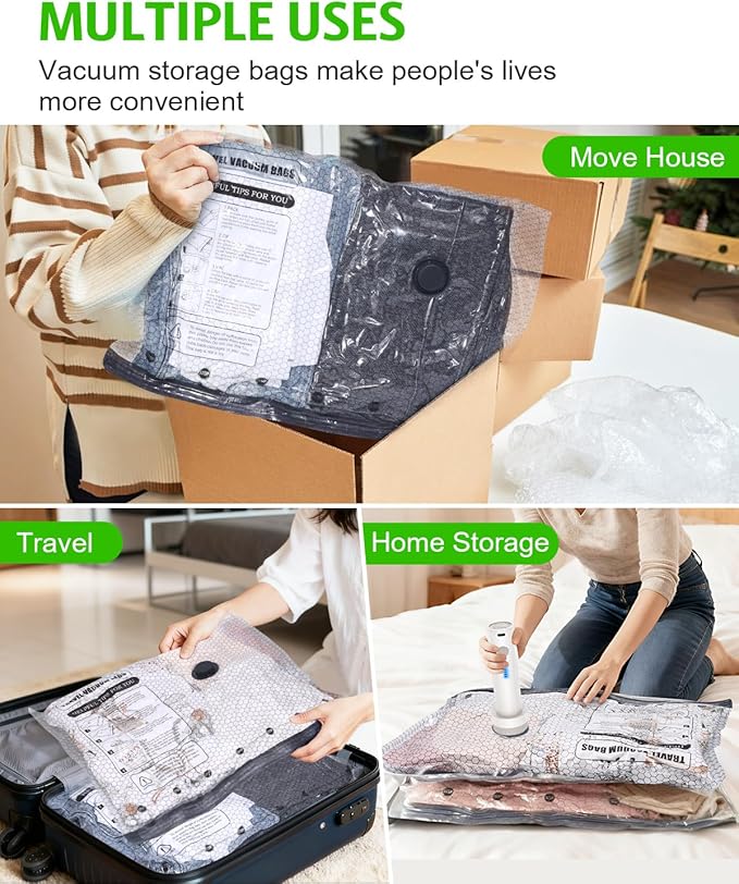 Travel Vacuum Storage Bags, Vacuum Seal Bags for Clothing with Rechargeable Air Pump, 6 Pack Combo Portable Space Saver Bags for Clothes, Luggage, Suitcase, Seasonal Storage, Travel