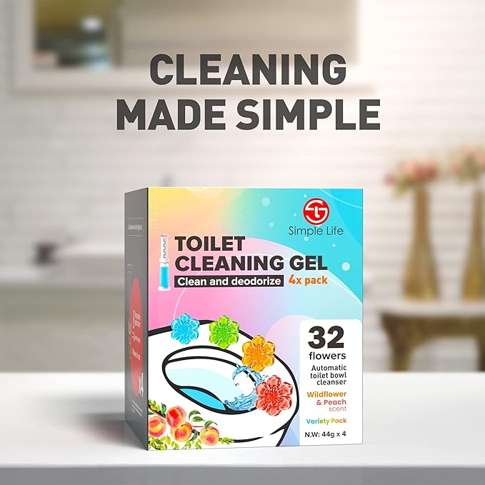 Simple Life Toilet Gel Stamp – Fresh Flower Scent, Anti-Limescale Toilet Cleaner Gel, Deodorizing & Long-Lasting Freshness, 32 Stamps Variety Pack