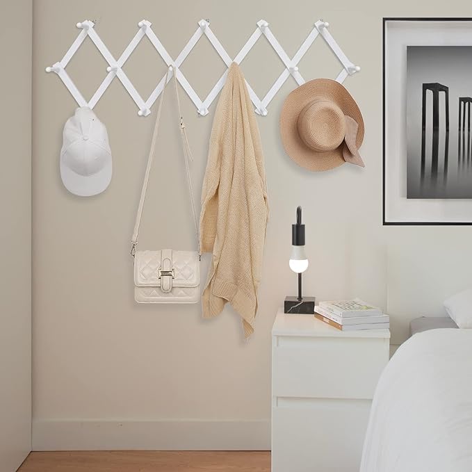 SCUNDA Accordion Wall Hanger with 16 Hooks, Wooden Coffee Mug Rack for Wall, Expandable Accordion Hook Rack Wall Mounted for Mug, Tea Cup, Purse,Coat, Hat, Cap(White)