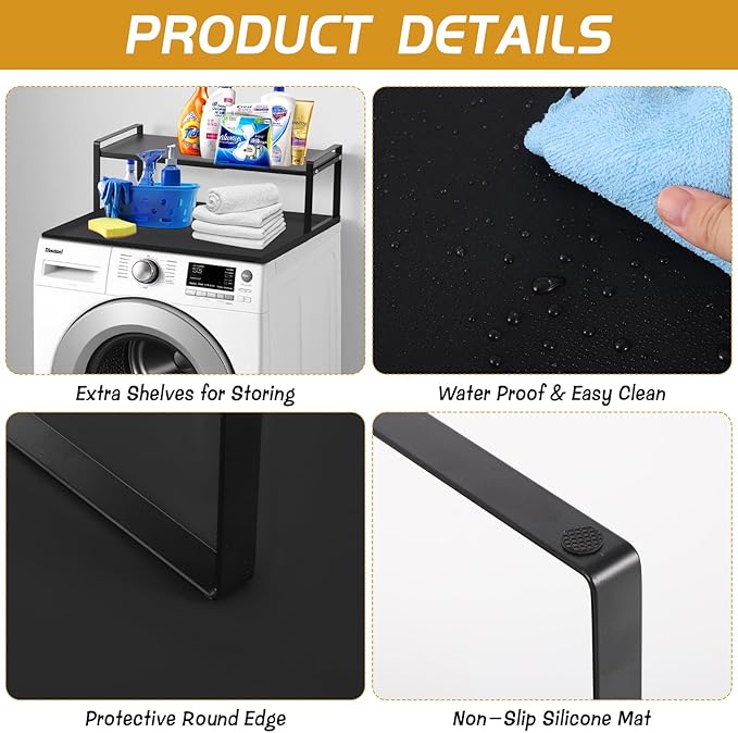 Washer and Dryer Countertop with Retractable Shelf and Silicone Mat, Universal Front Load Washer and Dryer Countertop Set, Washer Dryer Shelf with Mat for Laundry Room (Metal Shelf + Silicone Mat)