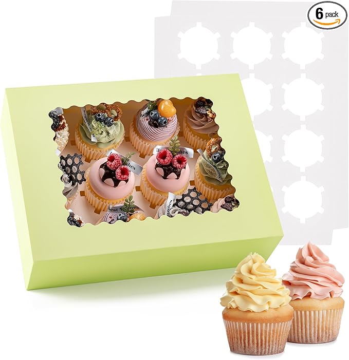 Hoewina 6PCS Cupcake Boxes - Hold 12 Count Cupcake Containers with Window, Food Grade Cupcake Holder Easy Transport and Presentation - Ideal for Cupcakes, Desserts, and More (Light Green)