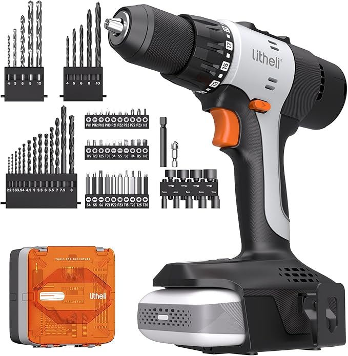 Litheli 20V Cordless Drill Set, 1/2-Inch Keyless Chuck, 443 In-lbs Torque, 2.0Ah Battery with Power Bank Function & Type-C Charging, 64-Piece Home Tool Kit with Bag for DIY & Home Repairs