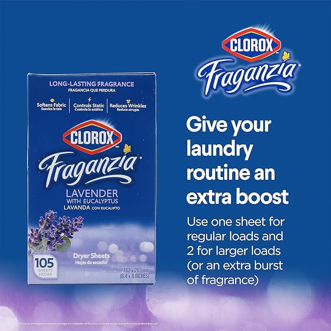 Clorox Fraganzia Fabric Softener Dryer Sheets, Wrinkle Reducing and Anti Static Laundry Dryer Sheets for Great Smelling Clothes, Softens Fabrics, Lavender with Eucalyptus Scent, 105 Count - 2 Pack