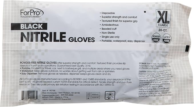 ForPro Disposable Nitrile Gloves, Chemical Resistant, Powder-Free, Latex-Free, Non-Sterile, Food Safe, 4 Mil