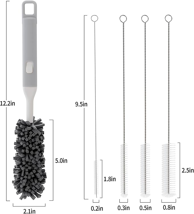 Five-Piece Bottle Brush Cleaning Set Includes 4 Straw Cleaning Brushes and 1 Cup Brush with Detachable Long Handle. Suitable for Cleaning Straws, Glasses, and Water Cups.
