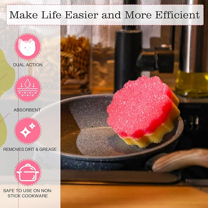 3 Pcs Dual Sided Scrub Sponge Multi Functional Cute Temperature Sensitive Non Scratch Dish Sponge for Washing Dishes Kitchen Bathroom(Flower,Pink)