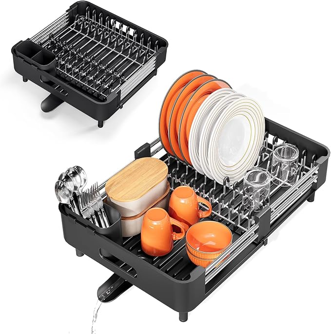 Urackify Stainless Steel Dish Drying Rack - Dish Drainer for Kitchen Counter, Extendable Drainboard with Foldable, Space-Saving Cup & Bowl Organizer, Includes Knife and Utensil Holder, Black