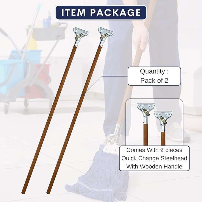 59" Mop Claw Clamp Commercial Mop Handle Pack of 2 Industrial Mop Steelhead with Wooden Handle Wet Mops for Floor Cleaning Heavy Duty (Mops not Included)