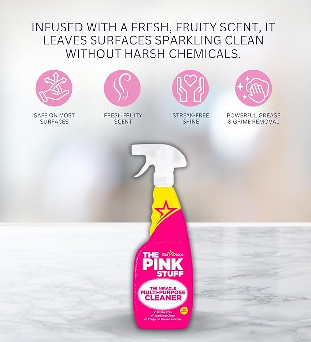 The Pink Stuff Fruity Scent Multi-Purpose Cleaner Spray 25.4 oz Bundle with Microfiber Cloth + Scrub Brush - Natural Cleaner for All Surfaces - Tackles Tough Stains - (3 Items)
