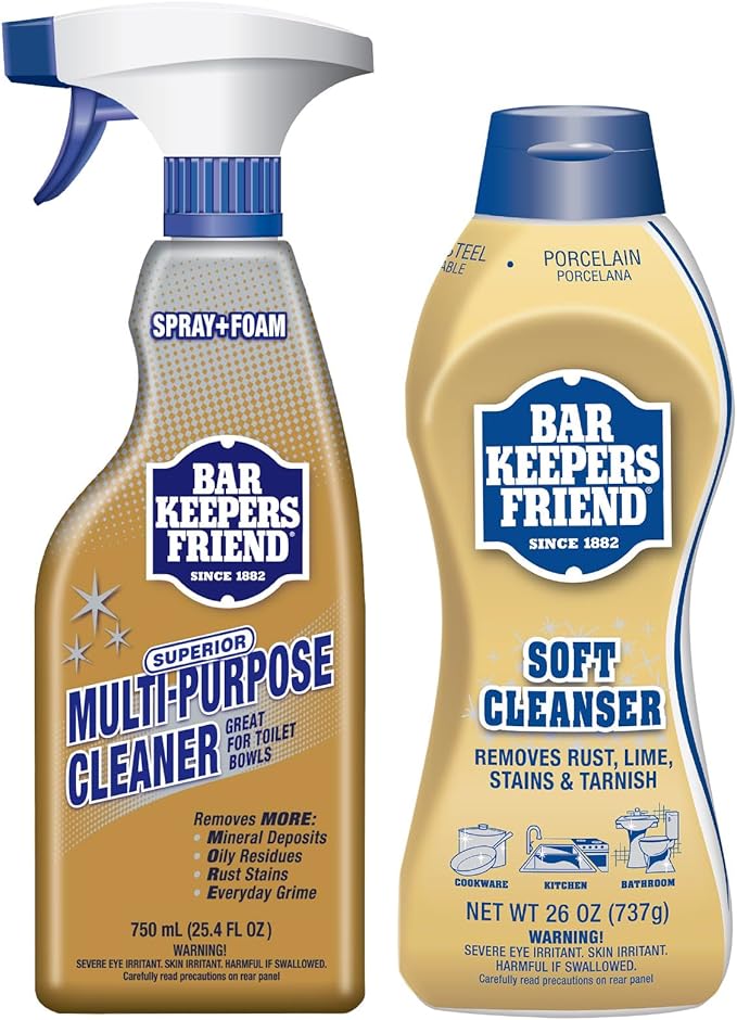 Bar Keepers Friend Soft Cleanser (26 oz) MORE Spray + Foam (25.4 oz) Multipurpose Cleaner Bundle, Stain & Rust Remover for Multi Surface Bathroom, Kitchen & Outdoor Cleaning