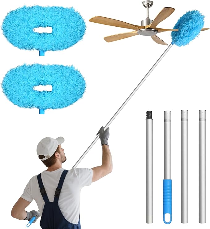 Eunice 2 Dusters Heads Ceiling Fan Duster with Extension Pole - Adjustable and Removable Fan Cleaner Blade for High Ceiling, Window Door Furniture (Blue)