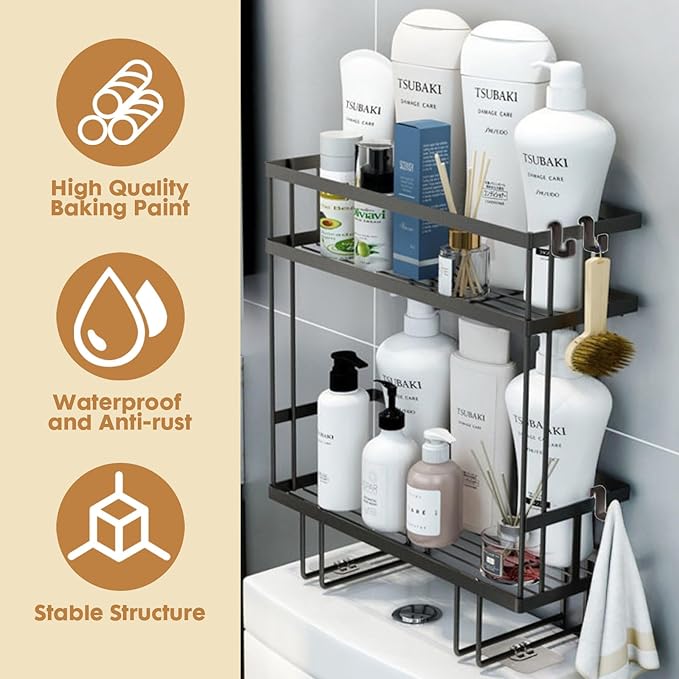 PowerKing Over The Toilet Storage Shelf, 2-Tier Bathroom Organizer Rack with 2 Hooks, No-Drill, Rust-Resistant Steel, Toilet Paper Holder for Restroom Bathroom, Black