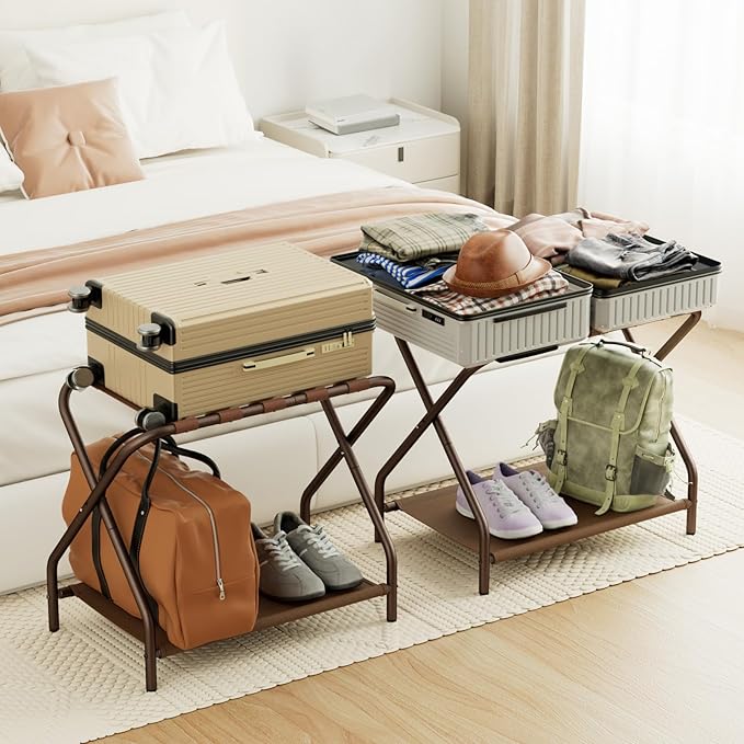 AMHANCIBLE Luggage Rack, Set of 2, Foldable Suitcase Stands for Guest Room, Metal Luggage Holder with Storage Shelf for Bedroom, Hotel, Easy Assemble, Bronz HLR02BZ