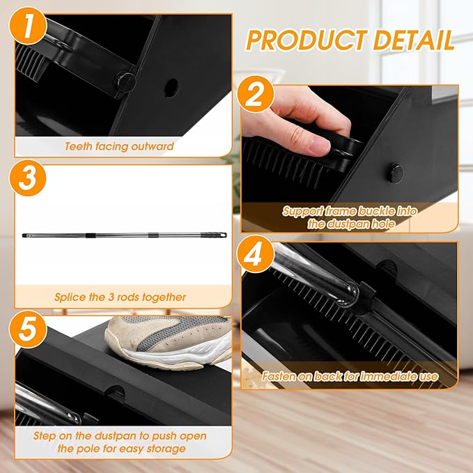 Leumoi 2 Pcs Dust Pans with Long Handle Set 36.6 Inch Commercial Dust Pan with Comb Large Plastic Stand up DustPans for Outdoor Indoor Restaurant Home Office Floor Cleaning (Black)