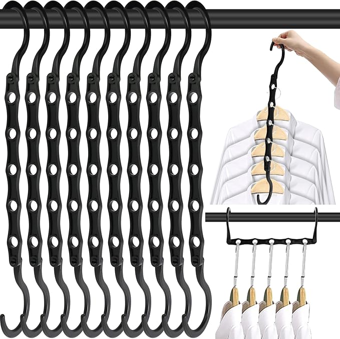 DUCOO Space Saving Hangers 10 Pack, Heavy Duty Magic Cascading Hanger Organizer with 5 Enclosed Anti-Slip Holes, Closet Organizers and Storage for Clothes, College Dorm Room Essentials, Black