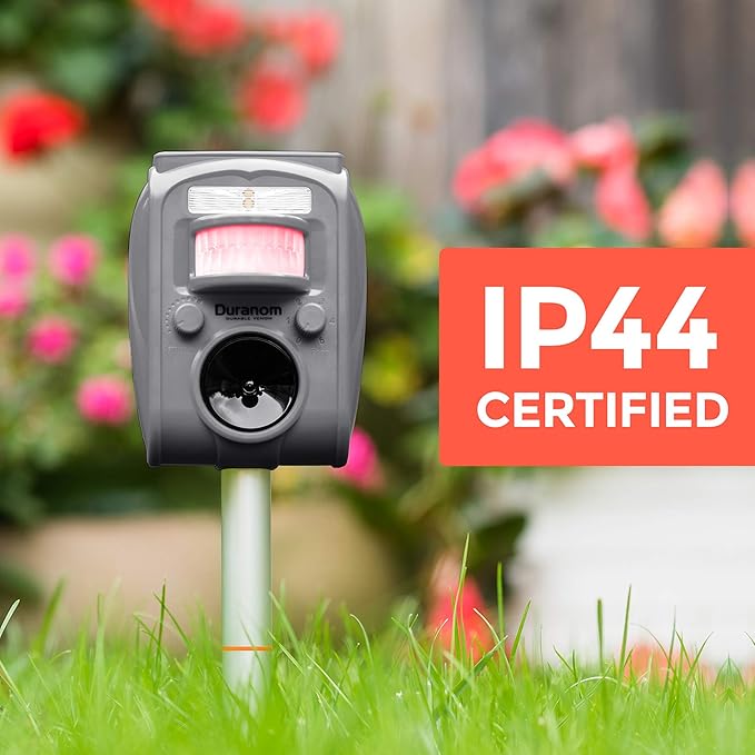 DURANOM Ultrasonic Animal Repeller – Solar Powered Outdoor Deterrent with Flashing Light & Motion Sensor – Repels Deer, Cats, Rodents, Raccoons – Animal Control for Yard & Garden