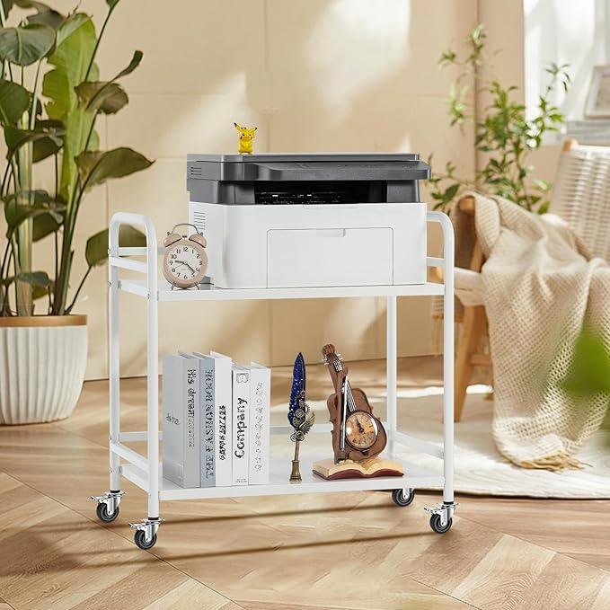 HDANI 2 Tier Under Desk Printer Stand with Storage,Microwave Storage Rack,Metal Rolling Printer Cart with Wheels for Home Office,Utility Storage Cart and Stand,White
