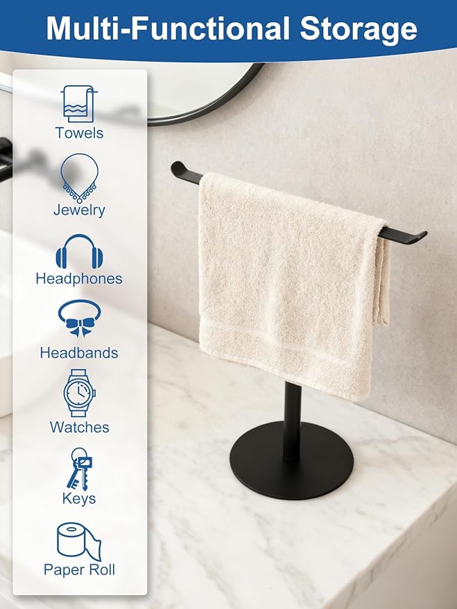 Haturi Hand Towel Holder for Bathroom, Freestanding T-Shaped Hand Towel Stand, Black Metal Countertop Towel Rack for Bathroom, Kitchen & Vanity