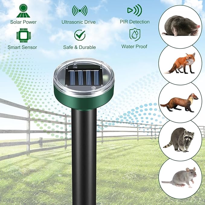 Solar Powered Ultrasonic Mole Repellent,Waterproof Outdoor Vibration Mouse Control for Yard Garden,360° Effective Rodent Repellent with Ultrasonic Sound,Green,10 Piece