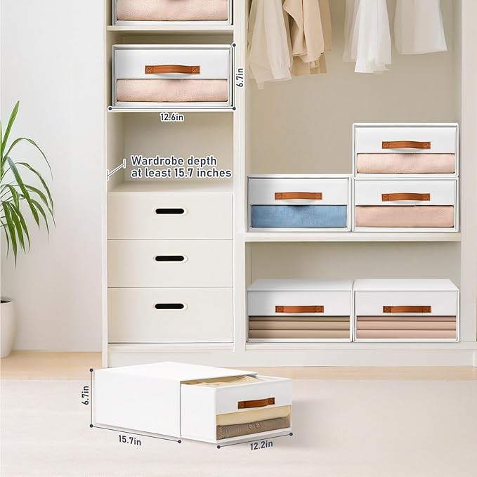 DIMJ Closet Organizers and Storage - Fabric Bins with Drawers for Closet Foldable Clothes Organizers with Clear Window, Stackable Storage Drawers Units for Bedroom, Living Room, 6-Pack, White
