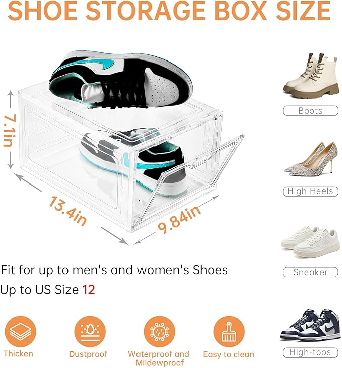 INSTY 6 Pack Large Shoe Storage Box, Clear Shoe Storage Organizer with Magnetic Door, Stackable,Shoe Containers For Display Sneakers, Easy Assembly, Fit up to US Size 12, Clear