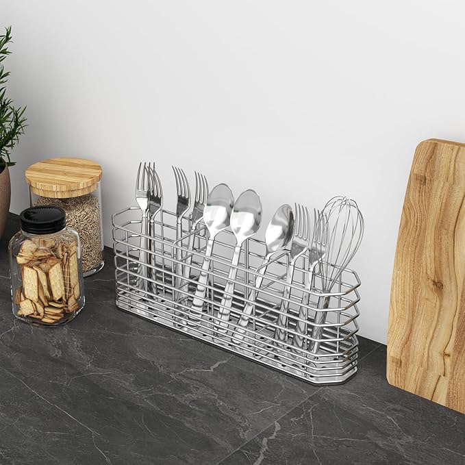 Fanbsy 304 Stainless Steel Utensil Holder, Dish Drying Rack, Kitchen Utensil Organizer, Knife and Fork Drainage Rack, Kitchen Drainage Basket Accessories, with Hooks, Rust Proof