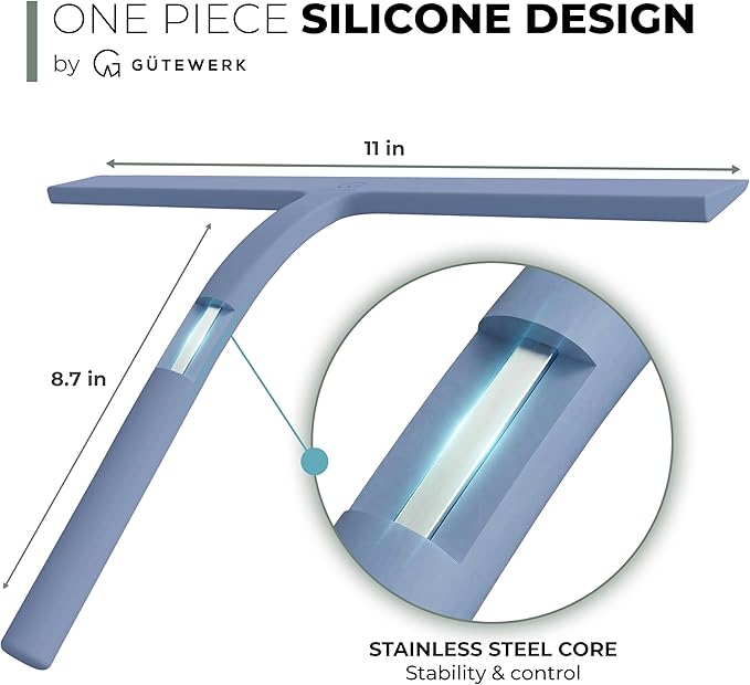 GÜTEWERK Silicone Shower Squeegee for Glass Doors & Mirrors with Stainless Steel Core, Streak-Free & No-Squeak Window Cleaning, 3-in-1 No-Drill Mount (Hook/Suction/Adhesive),Blue, 11 Inches