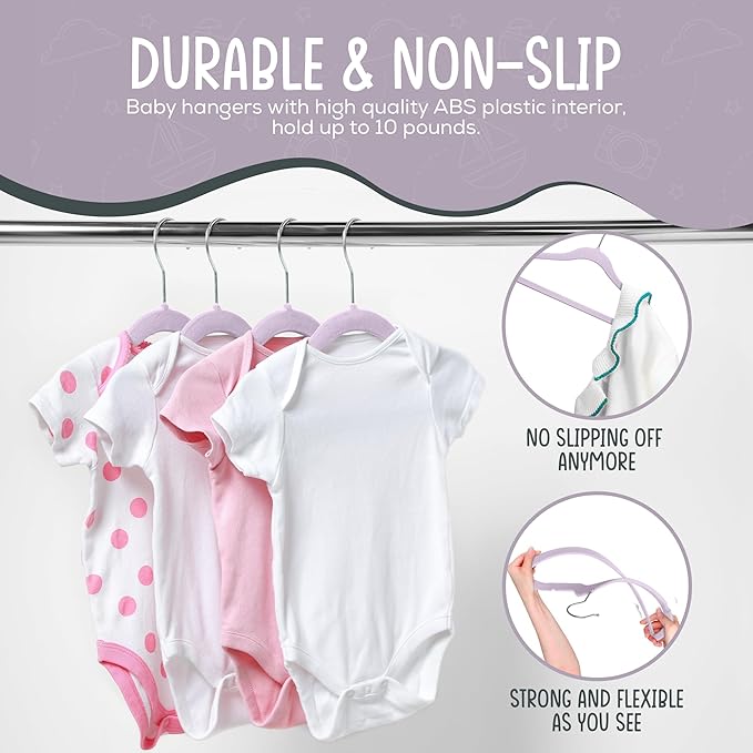 TechZoo 50 Premium Velvet Baby Hangers 11.8" Inch Non-Slip Infant, Ultra Slim Space-Saving Children Closet Hangers, 360° Swivel Hook, Strong & Durable Baby Toddler Kids Clothes Hanger, Purple
