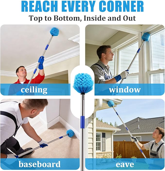 Cobweb Duster with Extension Pole - 8 FT Lightweight Stainless Steel Extendable Duster Ceiling Fan Duster for High Ceilings, Medium Stiff PET Bristle Spider Web Brush for Indoor/Outdoor Cleaning