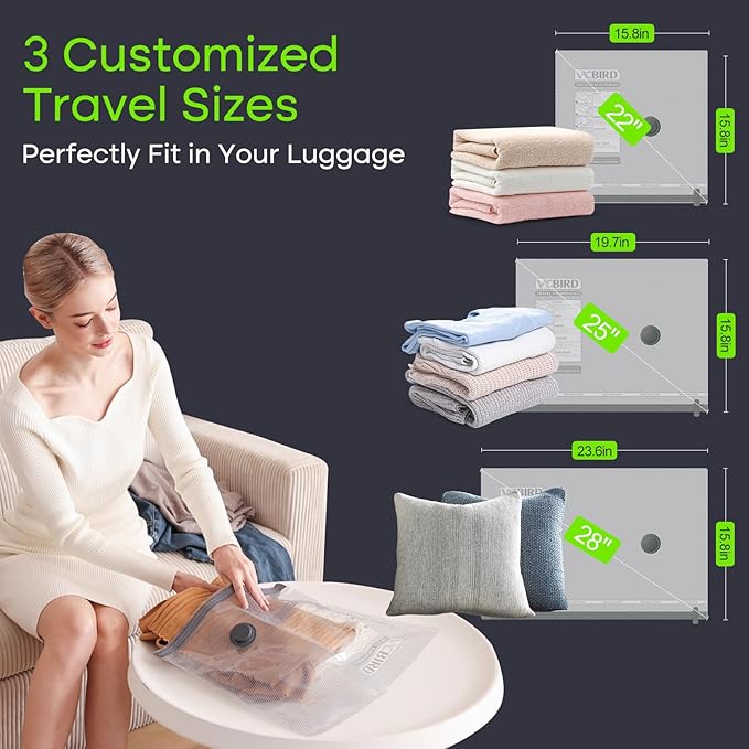 Vacbird Vacuum Bags for Travel with USB Pump, 18 Pack Compression Travel Vacuum Bags for Luggage and Suitcase, Carry-on Size Space Saver Bags for Clothes and Clothing