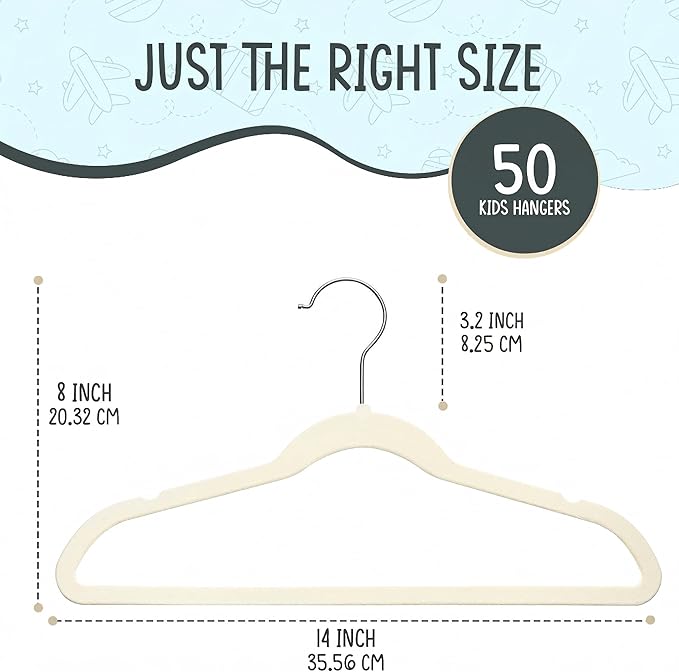 TechZoo 50 Premium Kids Velvet Hangers - 14" Non-Slip Clothes Hangers for Kids & Preteens - Ultra Slim, Space-Saving, Strong & Durable Hangers with 360° Swivel Hook - Ivory