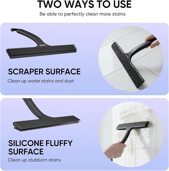 Shower Squeegee for Shower Glass Door Bathroom Accessories, Dual Head Wiper Cleans Water & Hair, Silicone Blade, Non-Slip Long Handle, Glass Window Door Wall Tile Cleaner