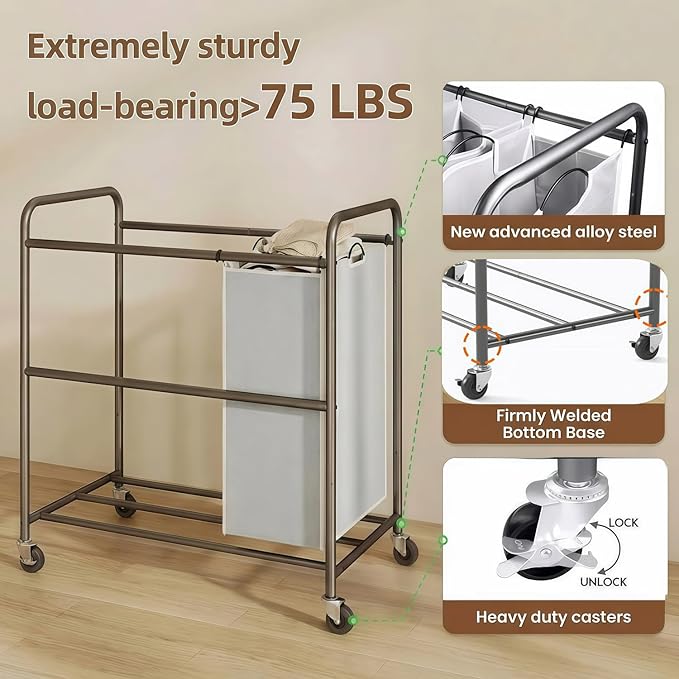 ROMOON Laundry Sorter Hamper 3 Section, Divided Laundry Basket Organizer with Heavy Duty Lockable Wheels and Removable Bags, Rolling Clothes Hamper for Apartment, Dorm & Family (130L Neutral Gray)