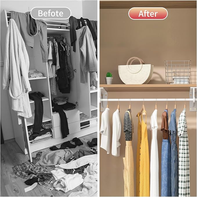 10 inch Closet Rod Bracket Support 400lb WYGWP Heavy Duty Closet Shelfs Support with Rod Holders, Wall Mounted Shelf Shelving Brackets with Hook for Wardrobe Walk-in Closet and Armoire(4pack White )