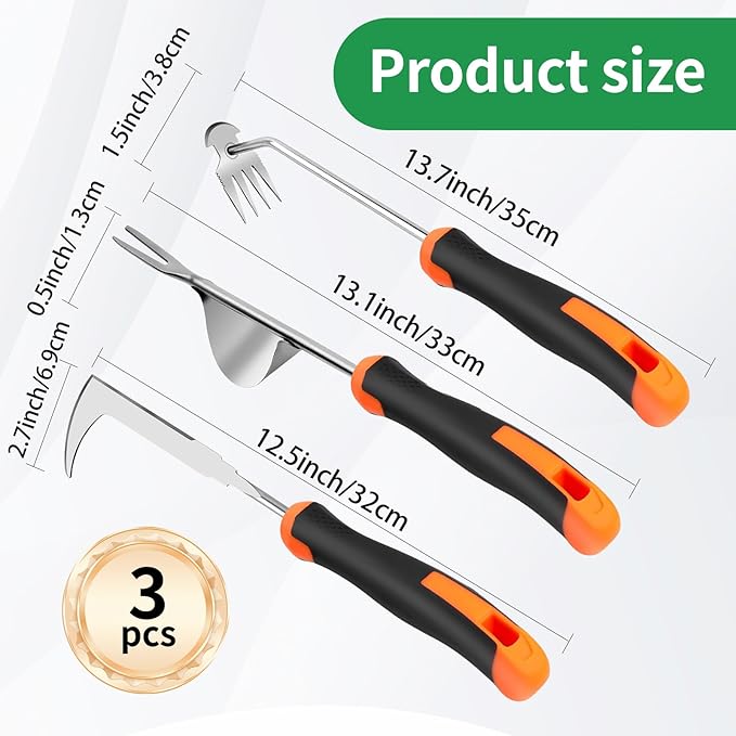 Upgraded Stainless Steel Hand Weeder Tool with Soft Rubber Grip | Manual Weed Extractor with Root Removal Function 4-Tine Slot Weeder for Crevices Garden Weeding Master Kit (3-Pack)