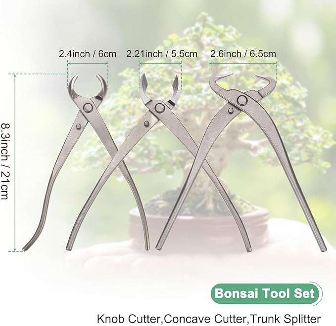 3Peice Bonsai Tool Set - 8.3 Inch High Carbon Steel Knob Concave Cutter, Bonsai Tree Plants Modeling Tools, Applying to Gardening Pruning Branches/Knobs/Tumors (210mm, Gray)