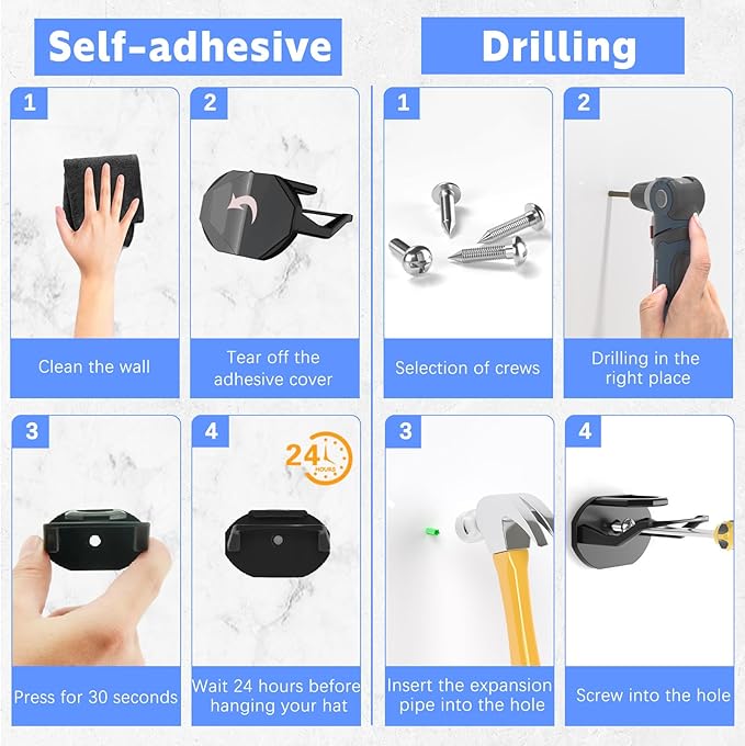 Niunuerga 16 Pack Adhesive Hat Hooks for Wall, Strong Hat Rack for Baseball Caps, Hat Organizer Display for Home Decor, Hat Hold Hanger for Wall, Door, Closet, No Drilling - USA Patented (Black)