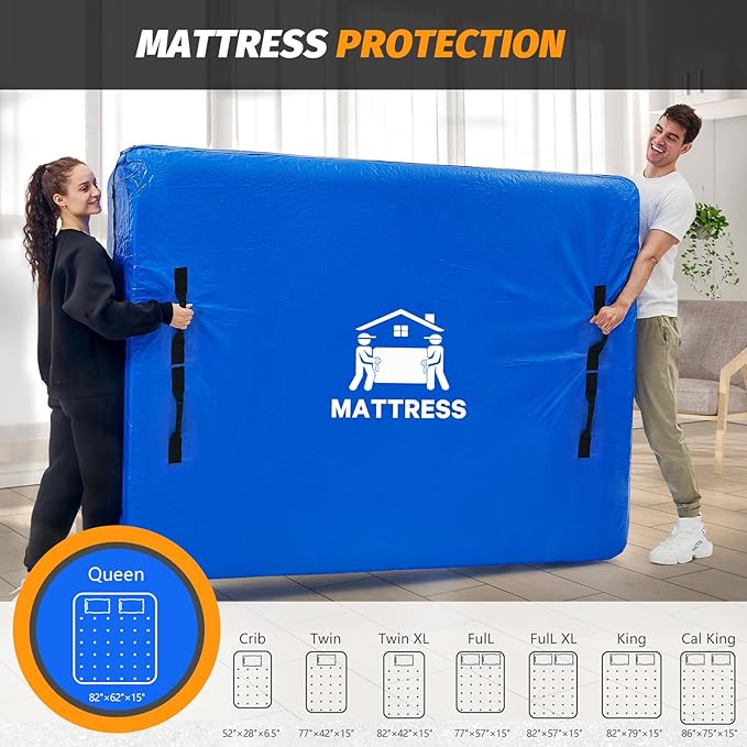 Mattress Bags for Moving, BETU Mattress Protector Waterproof Mattress Cover Queen Size Storage Bags with 8 Heavy-Duty Handles and Zipper for Bed Extra Thick Large Reusable (82"x62"x15" Blue)