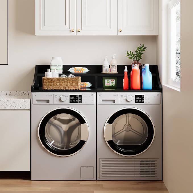 OAKHAM HOME 2-Tier Washer Dryer Countertop, 54" x 27.6" Washer Dryer Topper with Storage Shelf and Non-Slip Pads for Laundry Room Organization, Black