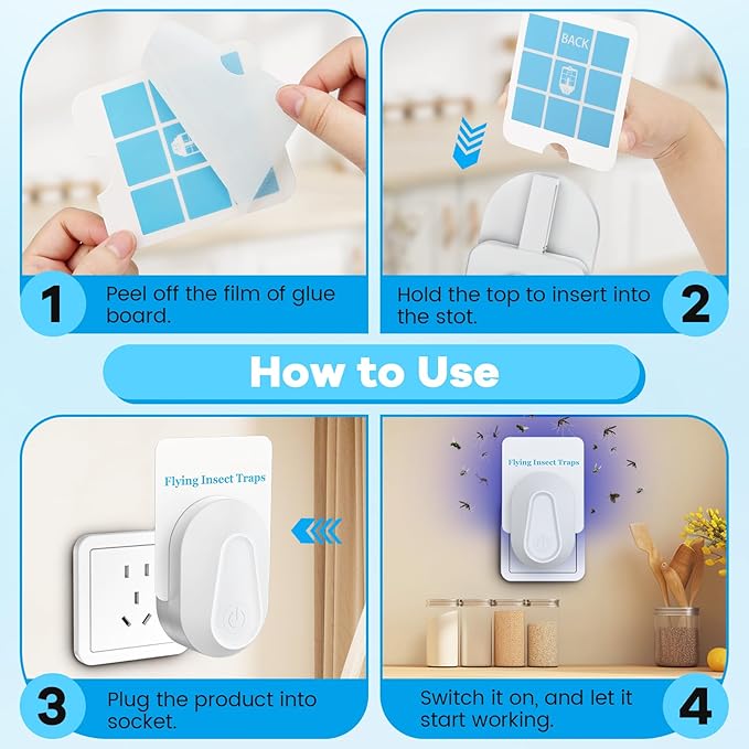 Indoor Fly Trap Plug-in Insect Traps Fruit Fly Traps 2 Devices with 6 Refills for Indoors Gnat Killer for House Flies, Flying Bugs, Moths, Mosquitoes (2 Devices with 6 Refills)