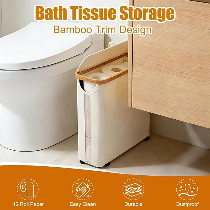 Toilet Paper Roll Storage, Bathroom Slim Toilet Paper Storage with Lid for 12 Rolls, Ultimate Bathroom Organizer with Anti-Slip Base, Beige 30L