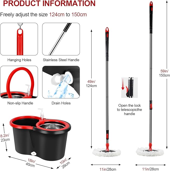 Spin Mop and Bucket with Wringer Set, 360° Spinning Mop Bucket System with 3 Microfiber Mop Replacement Heads, Adjustable Handle for Floor Cleaning (Black)