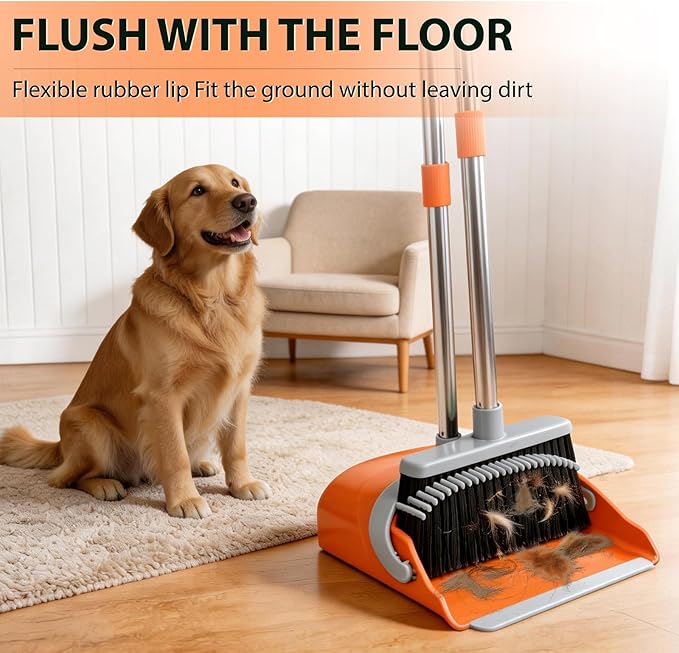 YZO Broom with Dustpan Combo Set, 54.33 Inch Long Handle Standing Design, Dustpan Front Rubber Tight Seal, Broom with 5 Layer Bristles, Suitable for Living Room, Yard, Office and Apartment (Orange)