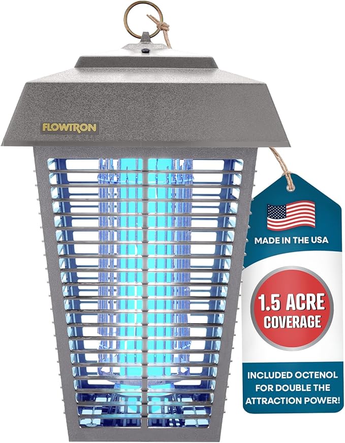 Flowtron Bug Zapper, 1-1/2 Acre of Outdoor Coverage with Powerful 80W Bulb & 5600V Instant Killing Grid, Electric Insect, Fly & Mosquito Zapper, Made in The USA, UL Certified - Grey Color