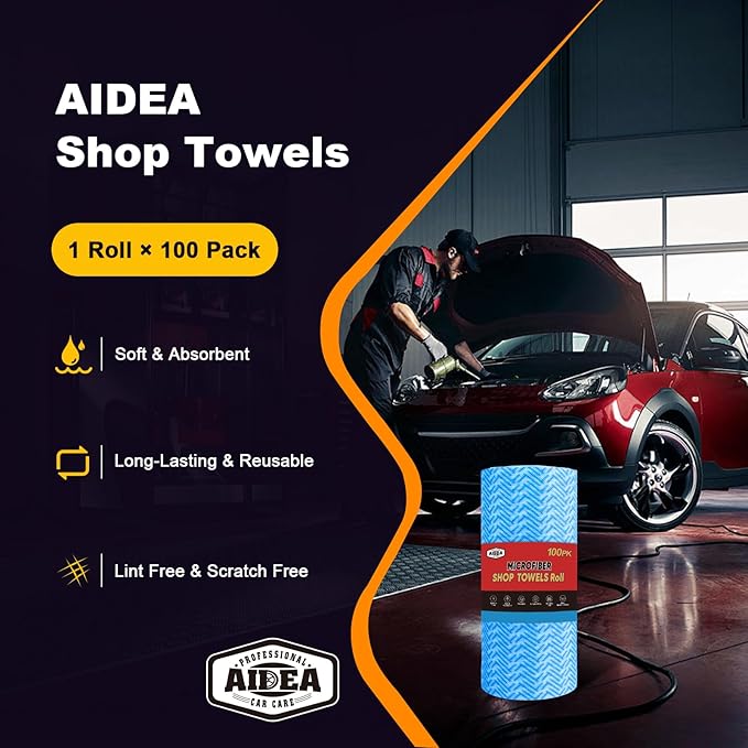 AIDEA Blue Shop Towels-2 Roll, All-Purpose Microfiber Blue Shop Towels, Lint-Free Cleaning Rags Microfiber Cloth, Reusable Paper Towels for Automotive, Mechanic, Workshops, House, Kitchen-11×9"