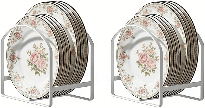 2 Pack Kitchen Plate Holder Organizer for Cabinet Space Saver Dinner Dish Storage Rack Upright Dish Drying Racks Metal Plate Dish Racks Stand for Cupboard and Countertop Rustproof Large White